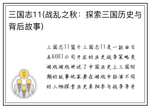 三国志11(战乱之秋：探索三国历史与背后故事)